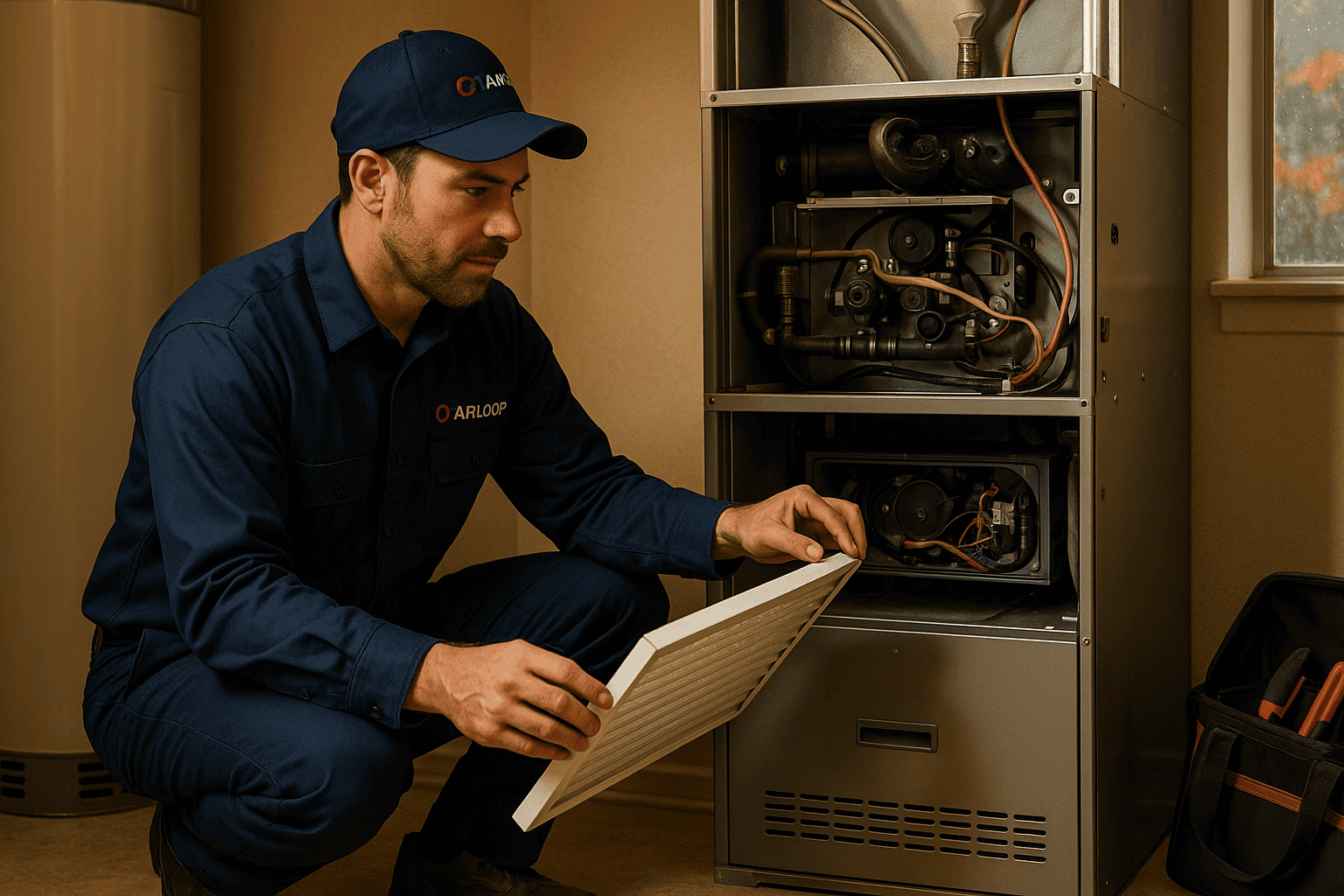 AirLoop HVAC technician in a navy uniform inspecting a modern furnace inside a cozy Bothell, Washington home during a rainy fall day.